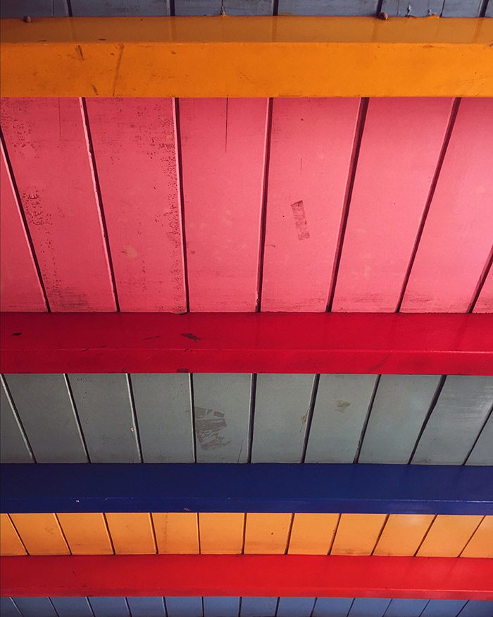 The colorful ceiling of a Chiva bus. chiva in medellin colombia
