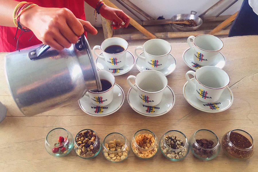 Pouring coffee at Finca Ocaso, Colombia