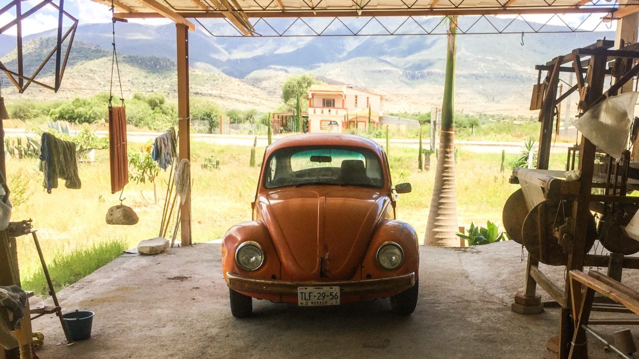 I couldn't resist a photo of this cute vw bug in Arturo's studio. tour oaxaca