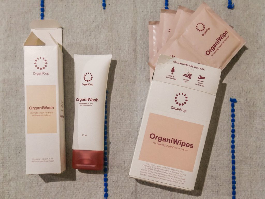 organicup organiwipes organiwash to clean menstrual cup
