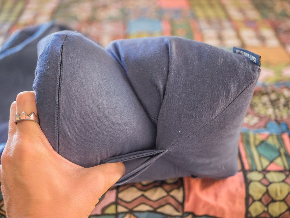 travel blue pillow folds up to small size